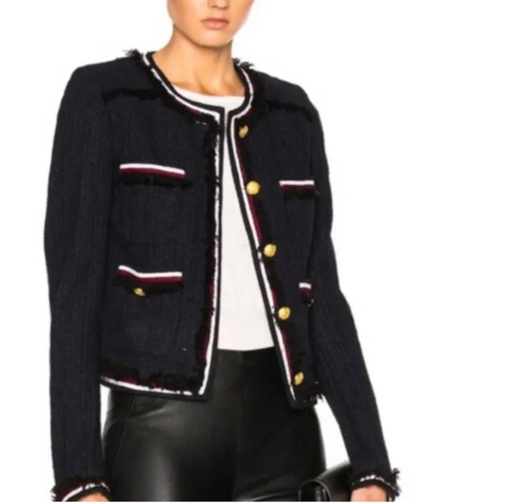 Veronica Beard Eclipse Tweed Jacket Blazer Black Navy Blue Red White Trim Sz 12